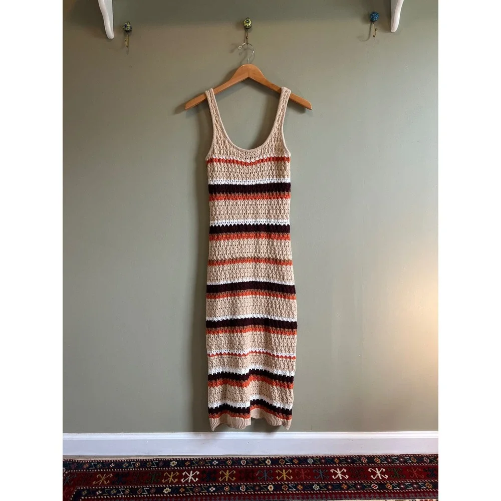 Paper Heart Crochet‎ Knit Striped Maxi Dress Tan Orange Brown Boho Sleeveless M